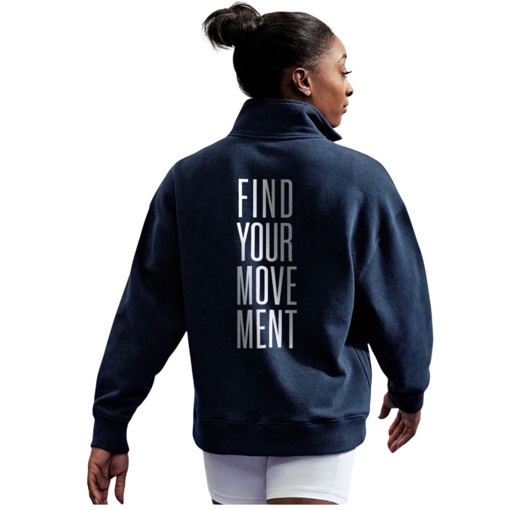 Athleta Forever Fleece 1/4 Zip Sweatshirt Graphic Navy Logo M Lounge Movement
